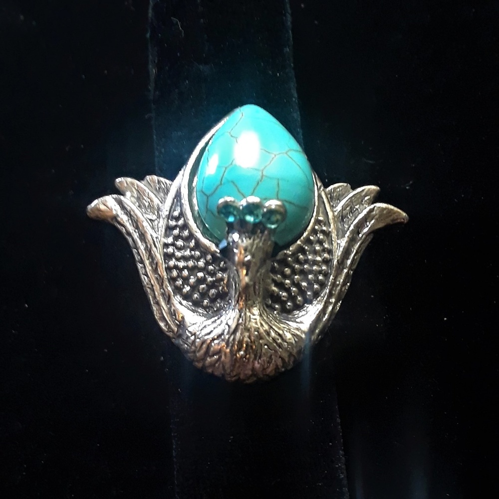 Silver Turquoise Peacock Fashion Statement Ring